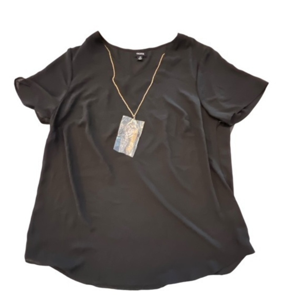 Tacera Semi Sheer Black Blouse Gold Necklace‎ Size 1X Career Professional NWT